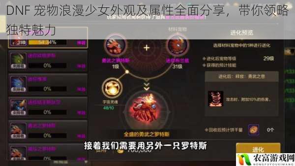 在 DNF 的世界里,宠物一直是玩家们不可或缺的伙伴。它们不仅能陪伴玩家战斗,还能为玩家带来各种属性加成。而其中的宠物浪漫少女,以其独特的外观和强大的属性,吸引了众多玩家的目光。今天,我们就来全面分享 DNF 宠物浪漫少女的外观及属性,带你领略它的独特魅力。