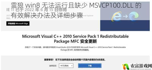 雷狼 win8 无法运行且缺少 MSVCP100.DLL 的有效解决办法及详细步骤